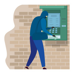 Character male black suspicious suit steal money from cash machine isolated on white, flat vector illustration. Atm banking place, breaking cashflow dispenser green finance machine brick wall.
