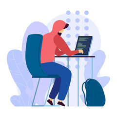 Digital hacker attack remote server, character male programming sitting laptop isolated on white, flat vector illustration. Man hacking personal data, hidden modern technology laptop computer.