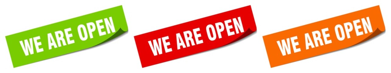 we are open sticker. we are open square isolated sign. we are open label