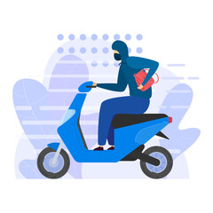 Street thief robber in black face mask ride motorbike, male character raider stolen woman red handbag isolated on white, flat vector illustration. Man rob snatched bag and drive away.