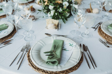 Table set up of wedding meal - obrazy, fototapety, plakaty