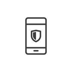 Secured phone icon on white background. Smartphone with shield symbol.