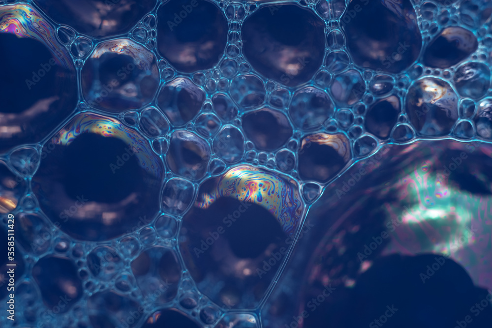 Poster Beautiful abstract blue bubbles background pattern texture for design . Macro view.