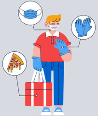 Safe uniform for courier of pizza - vector infographics. Worker with individual protection means - medical gloves and protective mask. Secure contactless food delivery. Safe shipping during pandemic