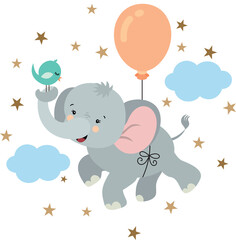 Cute elephant and bird flying with balloon in sky
