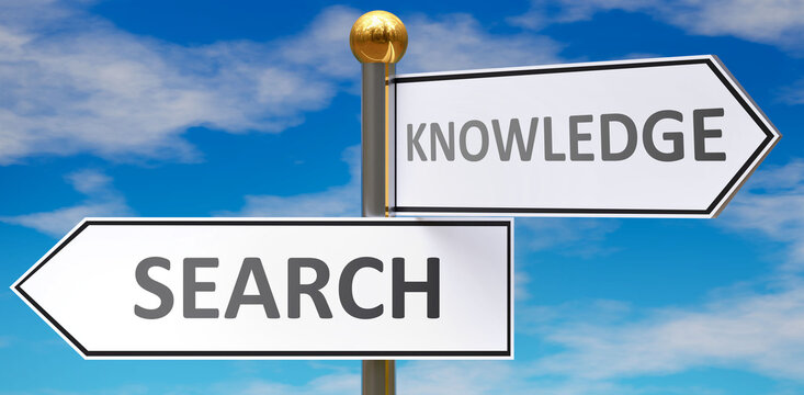 Search and knowledge as different choices in life - pictured as words Search, knowledge on road signs pointing at opposite ways to show that these are alternative options., 3d illustration