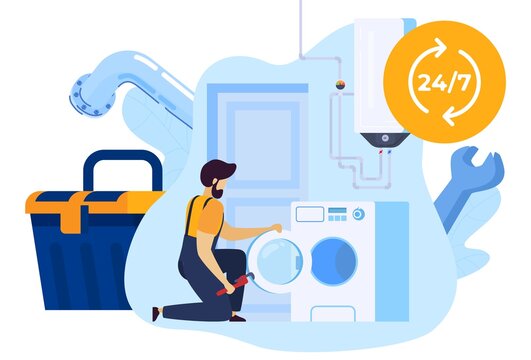 Working man plumber repairs washing machine in laundry, repair worker, home technician service, handyman isolated vector illustration. Fix workman, maintenance in house, serviceman order.
