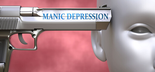 Manic depression can be dangerous - pictured as word Manic depression on a pistol terrorizing a person to show that it can be unsafe or unhealthy, 3d illustration