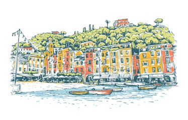 Portofino. Italy. Sketch colorful vector  background with boats, and European houses on sea coast. Bright design for print, publication, postcard, poster, travel banner or card. Horizontal drawing - obrazy, fototapety, plakaty