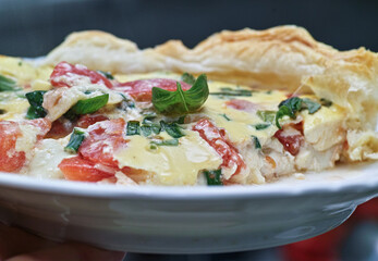 Prepare tasty piece of tarta pastry with salmon, chive and basilia.