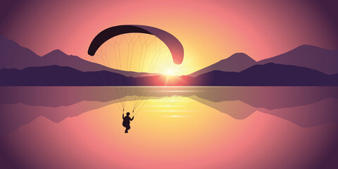 paragliding at purple mountain landscape by the lake at sunset vector illustration EPS10