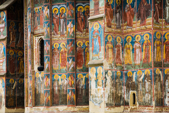 Fresco on wall of monastery GURA HUMORULUI, ROMANIA
