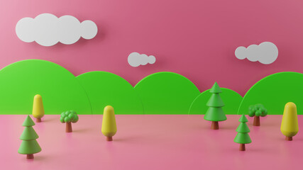 Obraz na płótnie Canvas 3d render with mountains and trees on pink background. Abstract background concept