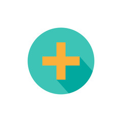 white cross with shadow in turquoise circle. Flat vector icon isolated on white.