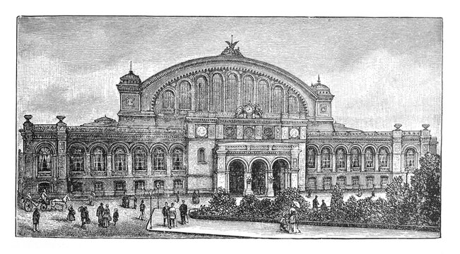 Train station Berlin in Germany / Illustration from Brockhaus Konversations-Lexikon 1908
