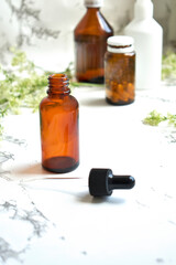 Medicinal herbs and medicinal bottles. The concept of alternative medicine. Vitamin Supplement for care, medication, and treatment. Copy space
