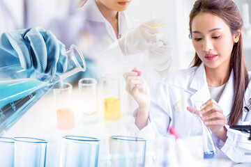 Beautiful Asian scientist woman lab technical service observe liquid sample with lab glassware and test tubes in chemical laboratory background, science laboratory research and development concept.