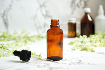 Medicinal herbs and medicinal bottles. The concept of alternative medicine. Vitamin Supplement for care, medication, and treatment. Copy space