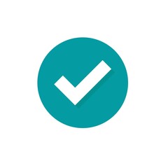 Check Mark. Valid Seal icon. white squared tick with shadow in blue circle. Flat OK sticker icon.