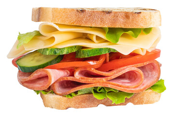 Sandwich with ham, cheese, tomato, lettuce and toasted bread isolated on a white background