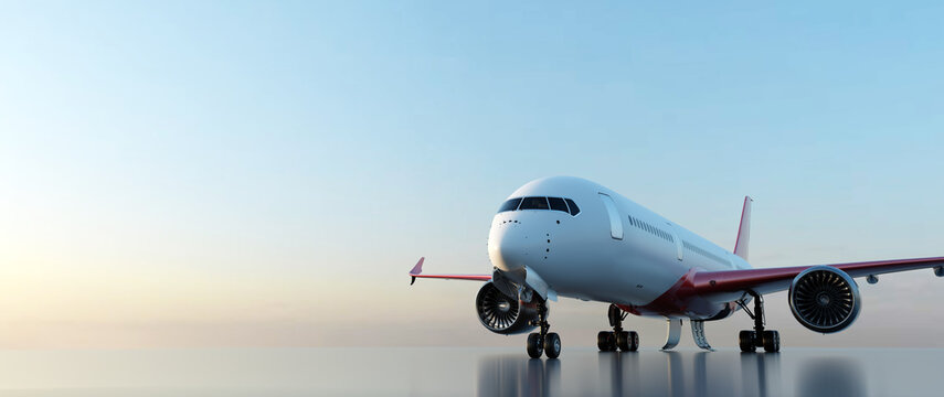 Airplane on runway at sunset. Passenger aircraft, commercial airline.