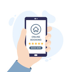 Online booking app for mobile phones. Hand holding a smartphone.