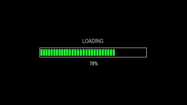 Green color progress bar loading animation, 0 to 100 percentage loading on a black background
