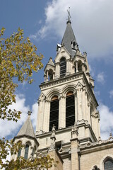 French church tower viewed from below