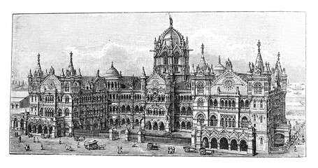 Train station Victoria in munbai in india (Chatrapati shivaji ) / Illustration from Brockhaus Konversations-Lexikon 1908
