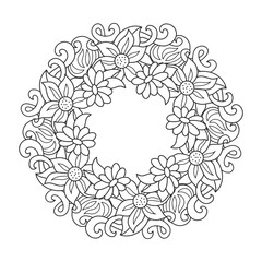 Doodle elegance border icon isolated on white. Outline flower and leaf frame for wedding design, card. Floral hand dwawing art line. Sketch vector stock illustration. EPS 10