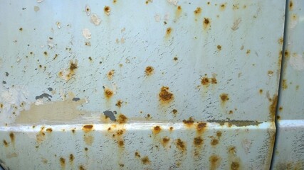 Sheet metal corrosion of an old white car. Rusty surface, background and damaged grunge texture from road salt. Rust background.