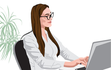 Cheerful brunette in white shirt and glasses working at the laptop