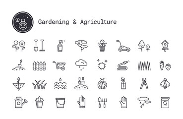 Gardening, horticulture, landscaping thin line vector icon set. Soil cultivation, garden work tool, plant growing pictogram. Design elements for web interface, mobile app isolated on white background. - obrazy, fototapety, plakaty