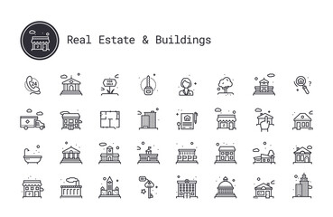 Real estate business and building exterior thin line icons. Public, commercial property, government realty, historical building, personal houses. Vector pictograms for map, web interface, mobile app.