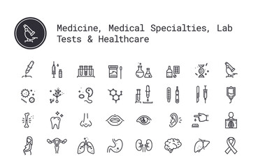Medicine specialties, clinical laboratory thin line icons. Medical science, virology study, microbiology, immune system and genetics assay, equipment and tools. Human body, internal and sensory organs