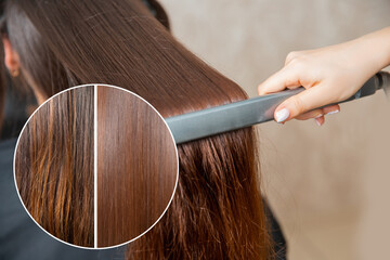 Sick, cut and healthy hair care straightening. Before and after treatment