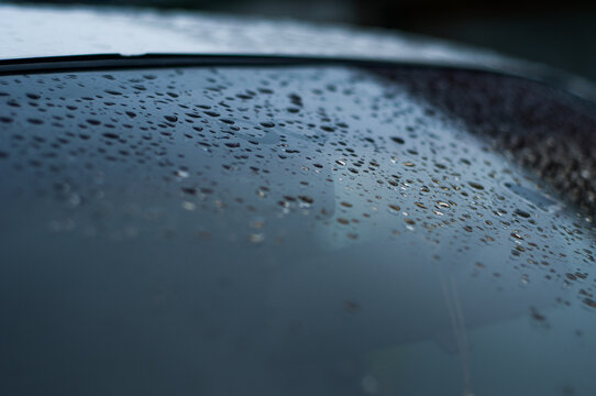 Water Droplet On The Car Hood. Water Beading After Rain Or Car Wash On White Shiny Paint Surface. Beading Created By Ceramic Coat Or Paint Sealant With High Surface Tension. Water Drop Backgroud.