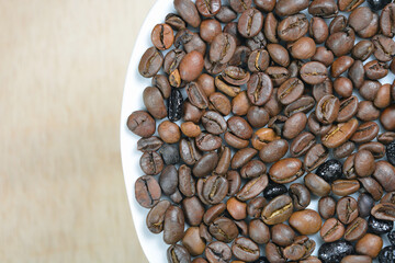 Coffee beans grouped on the right side of the photo