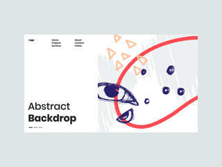 Abstract homepage illustration. Colorful lines, spots, dots, eyes and paint strokes. Decorative chaotic background, backdrop. Hand drawn texture, different shapes and textures. Eps10 vector.