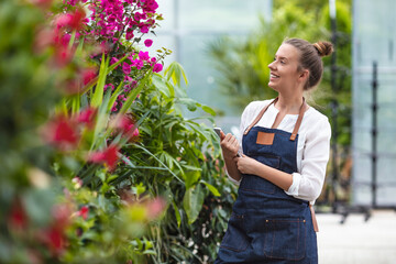 Modern technology in gardening business. Portrait of female environmentalist using digital tablet in greenhouse. Confident female is wearing apron while working. 