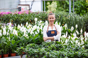 Naklejka na ściany i meble Smiling young gardener. Florists woman working with flowers in a greenhouse. Young woman working in flower garden. Woman entrepreneur. The young woman in a greenhouse