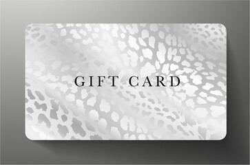Gift card with silver leopard print on grey background. Royal template useful for any luxe design, premium shopping card (loyalty card), voucher or gift coupon