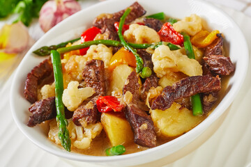 close-up of spicy Beef strips Stew in a bowl