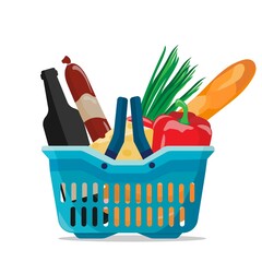 Image of a basket with products of wine, cheese, sausage, bread, pepper, greens. Vector image, eps 10