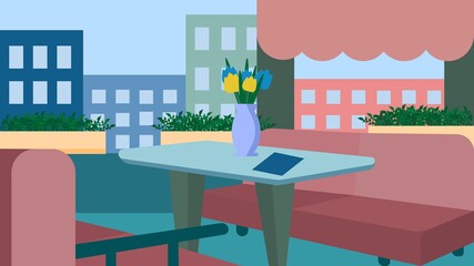Illustration of a summer terrace in a restaurant. Vector image, eps 10