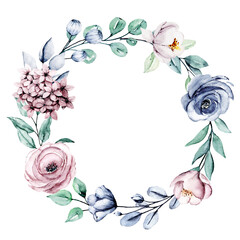 Fototapeta na wymiar Wreath with watercolor flowers, floral frame for greeting card, invitation and other printing design. Isolated on white. Hand drawing.
