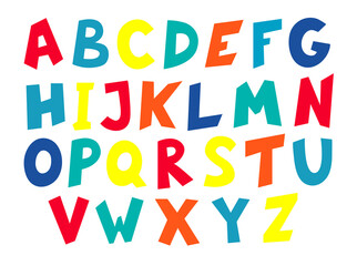 Multicolored hand-drawn English alphabet isolated on white background. Vector illustration.