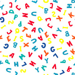 Fototapeta na wymiar Seamless pattern of multicolored English letters on white background. Vector illustration.