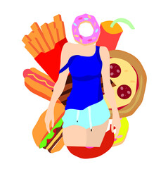 Healthy lifestyle. The concept of losing weight and motivation for a healthy diet. Overweight. Fast food, the effects of food problems. Burger and sweets junk food. Vector