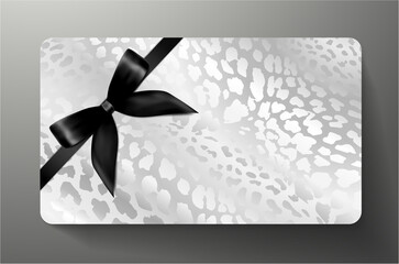 Gift card with silver leopard print on grey background and bow (ribbon). Royal template useful for any luxe design, premium shopping card (loyalty card), voucher or gift coupon